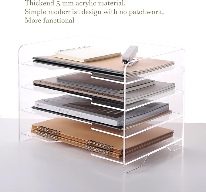 HeZone Acrylic Desk Organizer, 4 Tier Paper Tray, Clear Letter Tray, Office Accessories