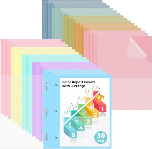 HAUTOCO 30 Pack Plastic Report Covers with 3 Prongs Fasteners Clear Front Resume Portfolio Folder for 8.5x11 Letter Size Paper, Presentation Document Report Cover for School Office Business, 10 Colors