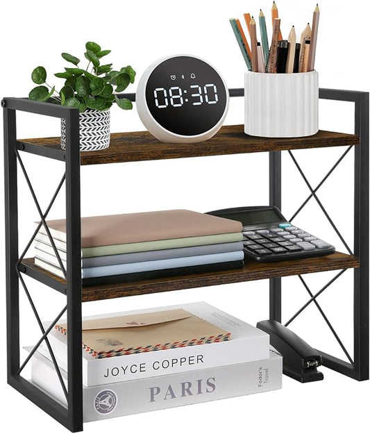 YINMIT Desktop Shelf Organizer, 2 Tier Office Shelves, Wood Desk Organizer Storage Rack and Freestanding Display Shelf for Office, Dormitory, Home