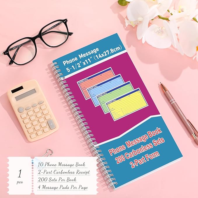 Sinmoe 1 Pcs Spiral Bound Phone Message Book with Carbon Copy 5-1/2" x 11" 2 Part Colorful Carbonless Telephone Message Pads Duplicate Spiral Phone Call Log Book for Business Office (Rose Red,Blue)