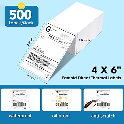 4"×6" Direct Thermal Shipping Label, Fanfold Thermal Label 2000 Packs (500packs Per Stack) Permanent Adhesive, Compatible with Zebra, Rollo, Jadens, Nelko