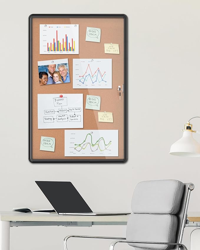 Mifuro 36"x24" Enclosed Bulletin Board, Lockable Weather-Resistant Aluminum Cork Noticeboard for School & Office, Black Frame w/Cork
