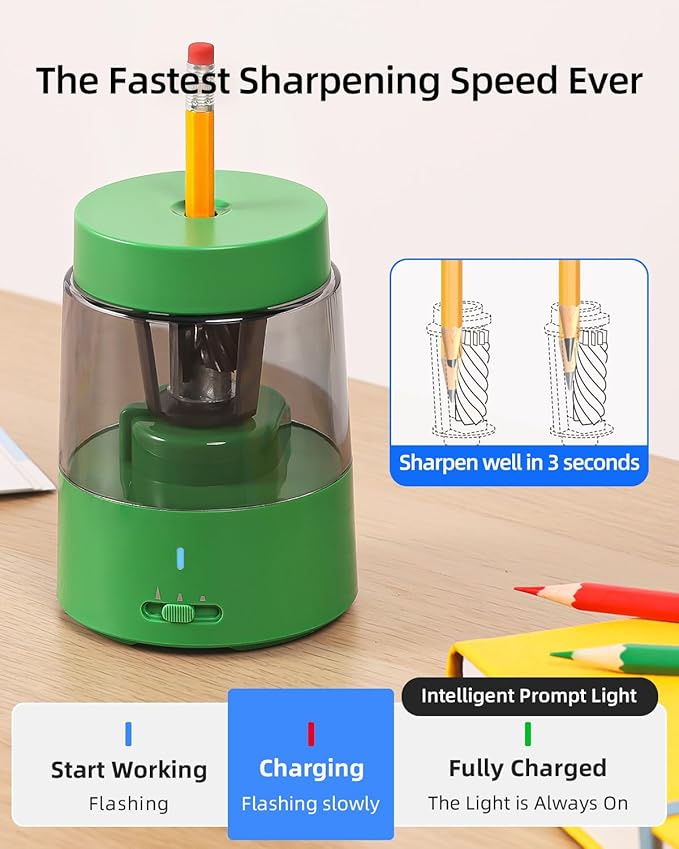 ZMOL Electric Rechargeable Pencil Sharpener, Automatic Pencil Sharpeners Kids, Battery Pencil Sharpeners for Colored Pencils, Auto Stop, Suitable for No.2(6-8mm), Classroom/Home Green