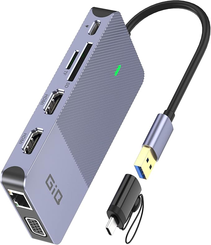 USB Docking Station GIQ USB C HUB USB 3.0 to Dual HDMI VGA Adapter Triple Display USB C Laptop Docking Station Dual Monitor HDMI Splitter Extender Compatible with MacBook M1 M2 M3 USB Dock-Grey