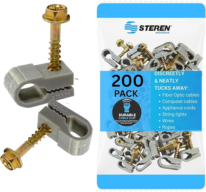 STEREN Coaxial Cable Clips - Cable Holder - Wire Clips - Siding Clips for Hanging - Cord Holder for Desk - Cable Clamps (Gray, 200 Count - Single Screw)