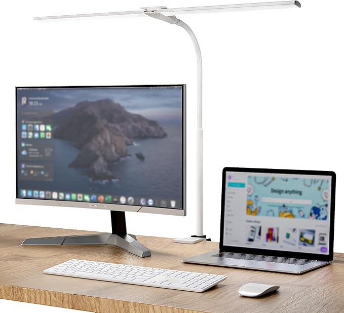 Hensam LED Desk Lamp with Clamp, Double Head Desk Light for Home Office, Dimmable Desktop Light, 12W 1400lm Eye-Caring Architect Table Lamp for Workbench Monitor Computer Reading Study, White