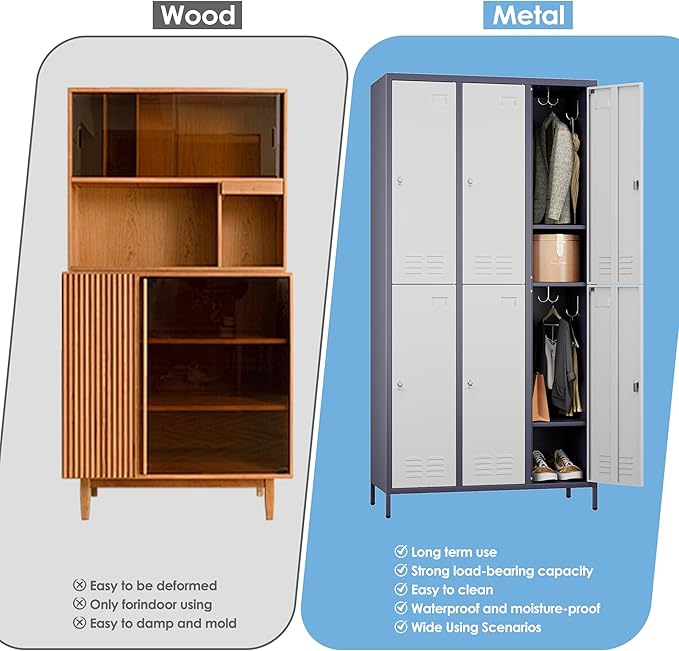 SUPEER 6 Doors Metal Locker for Employees with 18 Hooks and Business Card Holder,Metal Locker with Ventilation Holes for School Garage Office Gym Home,Assembly Required,Grey-White