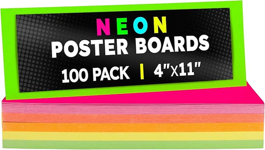 Hygloss Small Poster Board 4x11 - 100 Assorted Neon Color Poster Boards Bulk Pack - 10 Pt. Thickness Colored Poster Board Paper for Projects, Flash Cards, Signs - Posterboard Multipack 4" x 11"