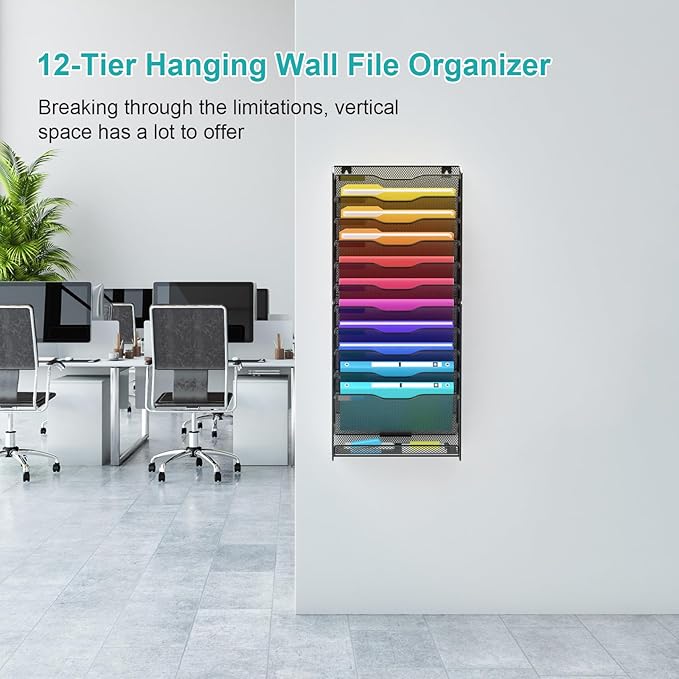 VEESUN 12 Tier Wall File Organizer, Mesh Letter Magazine Mail Wall File Holder Rack Hanging File Organizer With Flat Tray For Office Home, Black
