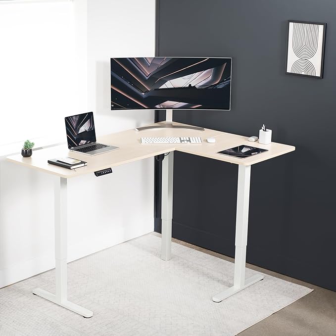 VIVO Electric Corner 63 x 47 inch L-Shaped Standing Desk, Memory Height Adjustment, Light Wood Top White Frame, DESK-E3CTWC-47