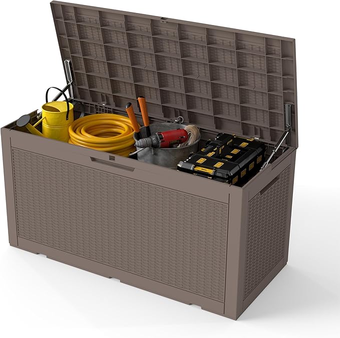 Yardgrace 100 Gallon Outdoor Storage Box Waterproof, Resin Deck Boxes with Lockable Lid & UV-Resistant for Patio, Pool, Garden Furniture Cushions & Accessories, Coffee