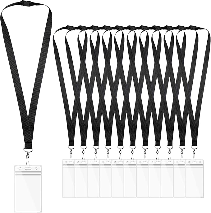 12-Pack Black Breakaway Lanyards with Waterproof Badge Holders, Polyester Neck Straps for ID Cards, Events, Office, and Schools
