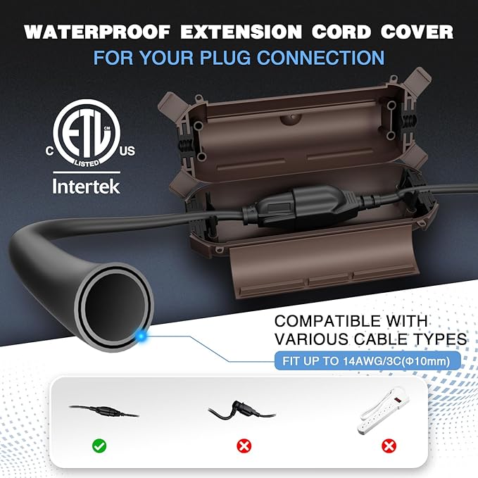 Flemoon [3 Pack] Outdoor Extension Cord Waterproof Cover, Weatherproof Electrical Connection Box for Outdoor Plug, Outlet, Outdoor Outlet, Socket, Halloween, Christmas Holiday Decoration Light, Brown