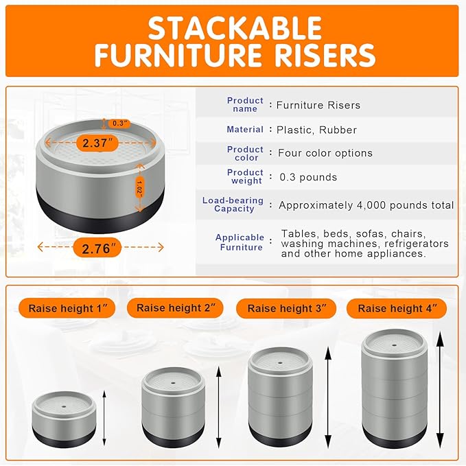 Furniture Risers Bed Risers Heavy Duty 1 inch, 2 inch, 3 inch, 4 inch Round Adjustable Bed Lifts Riser for Desk Legs Table Couch Sofa Chair Refrigerator Washing Machine (1 Inch, Gray, 6 Pack )