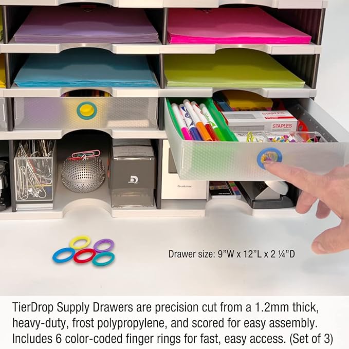 Desktop Organizer 6 Letter Tray Sorter Plus Riser Storage Base & 3 Supply Drawers - TierDrop Plus Stores All of Your Documents, Files, Forms & Frequently Used Supplies in One Compact Modular System