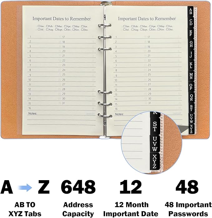 Reﬁllable Address Book with Alphabetical Tabs, Gold Foil Hardcover Phone Book 648 Contacts Book, 48 Passwords Combo Book, Large Print Address Books for Seniors, A5, Blue