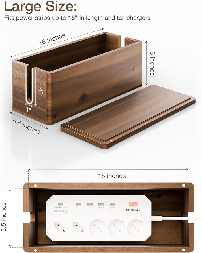 TIDITA Acacia Wood Large Cable Management Box Round Edge - 16" L Wooden Power Strip Box, Surge Protector Box - Cable Hider Box for Office, Living Room - 2 Open Slots, Magnetic Lid (Walnut Color)