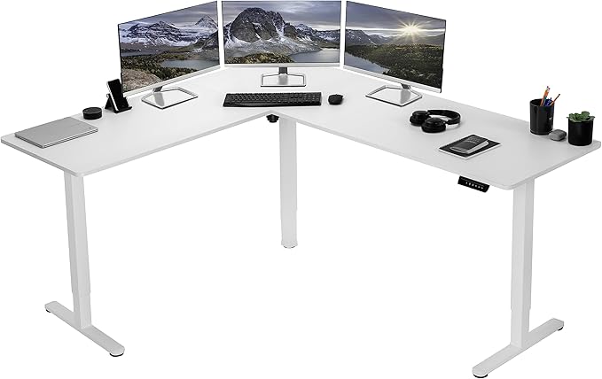VIVO Electric Corner 75 x 63 inch L-Shaped Standing Desk, Memory Height Adjustment, White Top White Frame, DESK-E3CTW-75