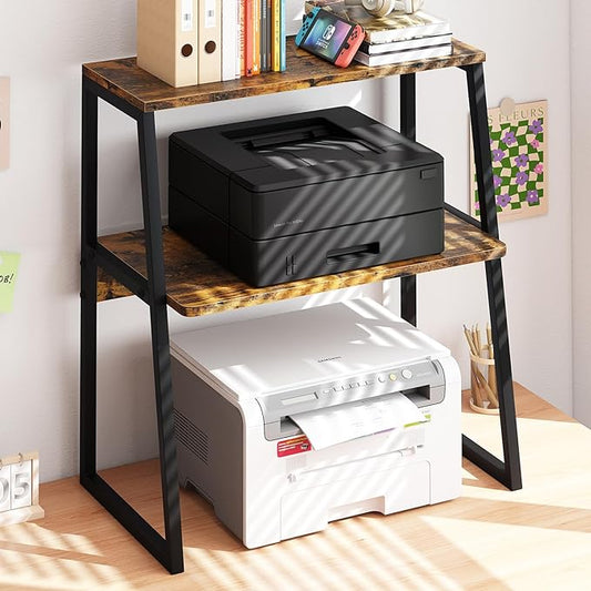 Arbuxzuy Printer Stand for Desk, Desktop Printer Shelf, 3 Tier Desk Shelf for top of Desk, Large Printer Stands Office Organization Shelves for Home Office Printer Fax Book, Rustic Brown