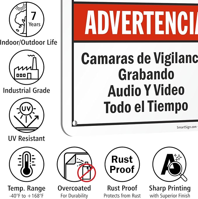 SmartSign 2-Pack 'Warning Audio And Video Surveillance On Duty At All Times' Bilingual Sign - 7" x 10", 40 mil Laminated Rustproof Aluminum Metal, Red, Black and White, Fade-Resistant, Made in USA