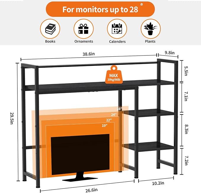 Snughome Desk Shelf, 38.6" Desk Hutch for Computer Monitor, Desktop Organizer Shelf, 4 Tier Desk Display Rack, Wood Desktop Bookshelf Storage Rack for Home Office Dorm, Black