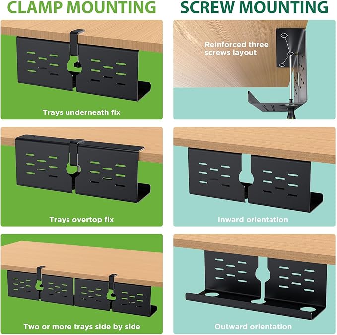 KEEGH 16" Under Desk Cable Management Tray, Desk Cord Organizer Upgrade Capacity, Drill Free Clamp/Screw Mount, Sturdy Metal Tray for Connect Cables, Home, Office, 1 Pack, Black