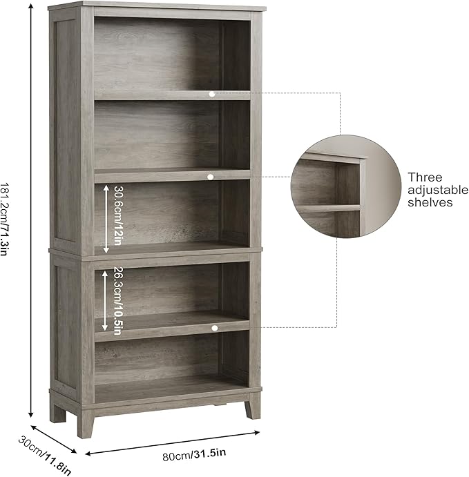 IDEALHOUSE 71" Farmhouse Bookshelf w/Adjustable Shelves & 31.5 in Whidth, 5 Tier Tall Bookshelf with Wooden Legs, Vintage Wooedn Book Shelf for Living Room Office (Gray, 71.3" H x 31.5" W x 11.8" D)