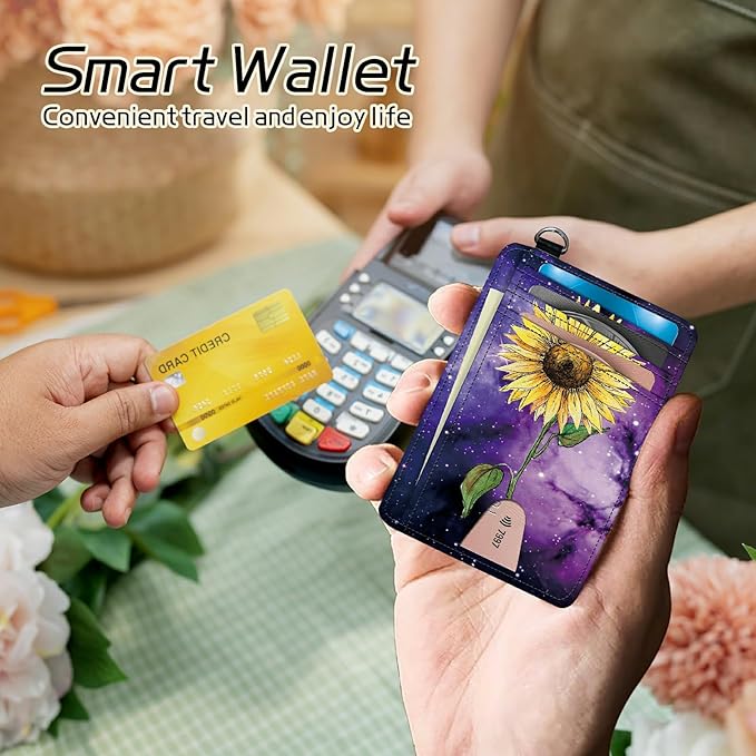BWEGRHE Small Travel Wallets, Sunflower Yellow Purple Galaxy Slim Minimalist Front Pocket Wallet with Wristlet, RFID Blocking PU Leather Credit Card Holder with ID Window Change Purse for Men Women