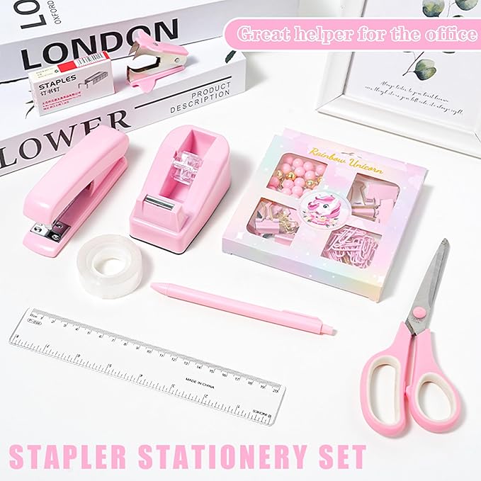 COMFYROOM Pink Desk Accessories with Pen Holder, Pink Office Supplies Desk Organizers and Accessories for women, Tape Dispenser, Stapler, Staple Remover, Staples, Clips Set, Ruler, Scissor, Pen, Tape