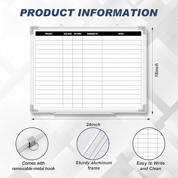 Lincia 24 x18 Project Planning Board Aluminum Frame Dry Erase Board with Lines, Wall-Mounted Whiteboard for Scheduling, to Do Lists & Weekly Planning, Reusable Office Calendar for Home & Work