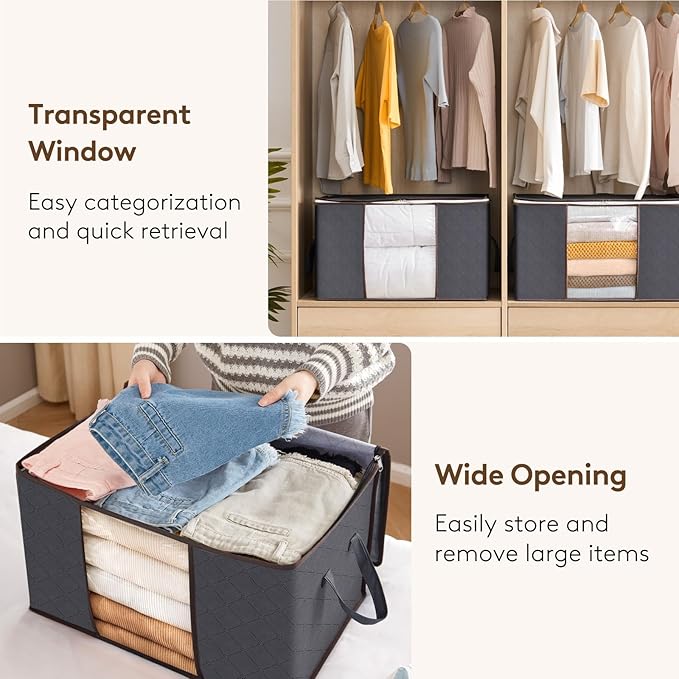 Lifewit Large Capacity Clothes Storage Bag Organizer with Reinforced Handle Thick Fabric for Comforters, Blankets, Bedding, Foldable with Sturdy Zipper, Clear Window, 27 Pack, 90L, Grey