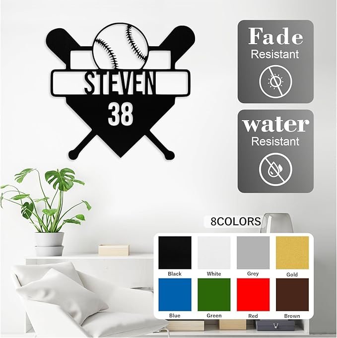 Personalized Baseball Metal Sign Custom Name & Number Sign Baseball Player Gift Boys Room Decor Softball Lover Present Sports Wall Art Decor Gift for Girls, Team, Dad, Man, Woman