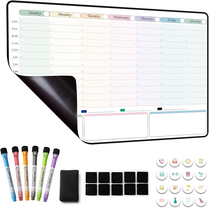 Magnetic Dry Erase Weekly Planner with Hourly Time Slots Whiteboard Calendar for Fridge, Schedule Board, to DO and Chore List for Family 16.5”(L) × 11”(H)