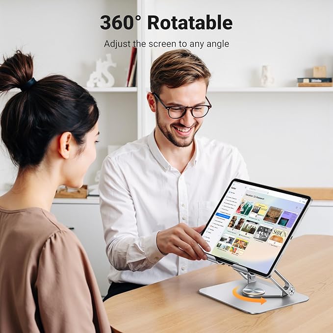 UGREEN Tablet Stand Holder for Desk with 360° Rotating Base Aluminum Dual Rod Support Adjustable Home Office Accessories Compatible with iPad Pro 13 12 11 Air Mini 5 4 3 Phone E-Reader Silver