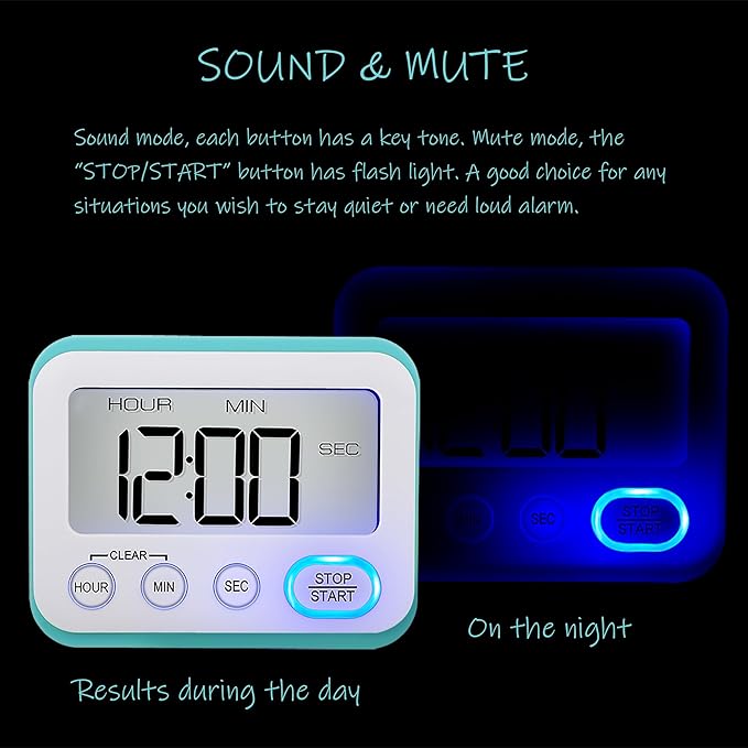 Digital Kitchen Timer Magnetic Loud Alarm, Large LCD Screen Silent/Beeping Multi-Function for Teachers Classroom Kids, Sky Blue