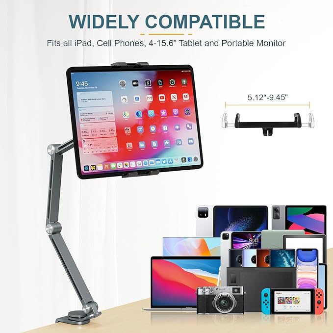 Houele Tablet Stand Holder, Adjustable Foldable Tablet Arm iPad Desk Mount with 360°Rotate Base, Phone Holder iPad Stand for Desk and Bed, Compatible with Tablets, Phones or Other 4-15.6" Device