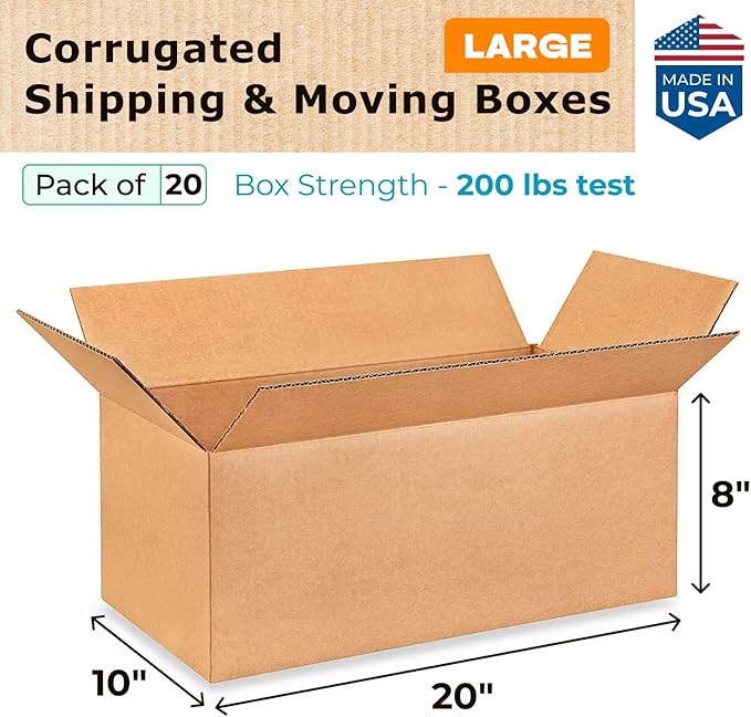 Large Shipping & Moving Boxes 20"L x 10"W x 8"H (20-Pack) - Extra Strength 200 lb vs Regular - Corrugated Shipping Boxes for USPS/UPS/FEDEX - Large Moving Box - Cardboard Box by IDL Packaging