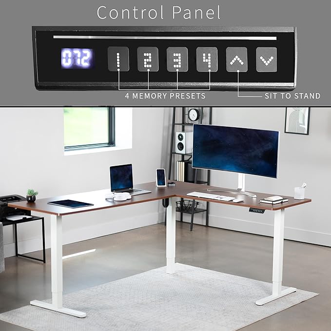 VIVO Electric Corner 75 x 63 inch L-Shaped Standing Desk, Memory Height Adjustment, Dark Walnut Top White Frame, DESK-E3CTWD-75