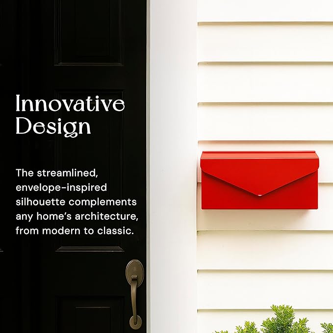 NACH Red Envelope Wall Mount Mailbox, Rust Resistant Metal Mailbox, Red Mailbox Wall Mount, Mailboxes for Outside Wall Mount, Outdoor Mailboxes, Wall Mailbox, 14.1 x 3.5 x 6 Inches, MB-6915RED