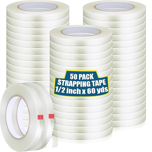 Treela 50 Rolls 1/2 Inch X 60 Yards Filament Strapping Tape 5.5 Mil Transparent Reinforced Fiberglass Heavy Duty Packing Shipping Tape for Sealing Binding Fixing