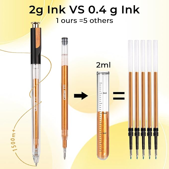 ZSCM Retractable Glitter Gel Pens, 12 Colors Large Capacity Yellow Glitter Metallic Gel Ink Pens, 1 mm Fine Point Smooth Writing Color Pens for Adult Coloring Book Note Taking Aesthetic Art Supplies