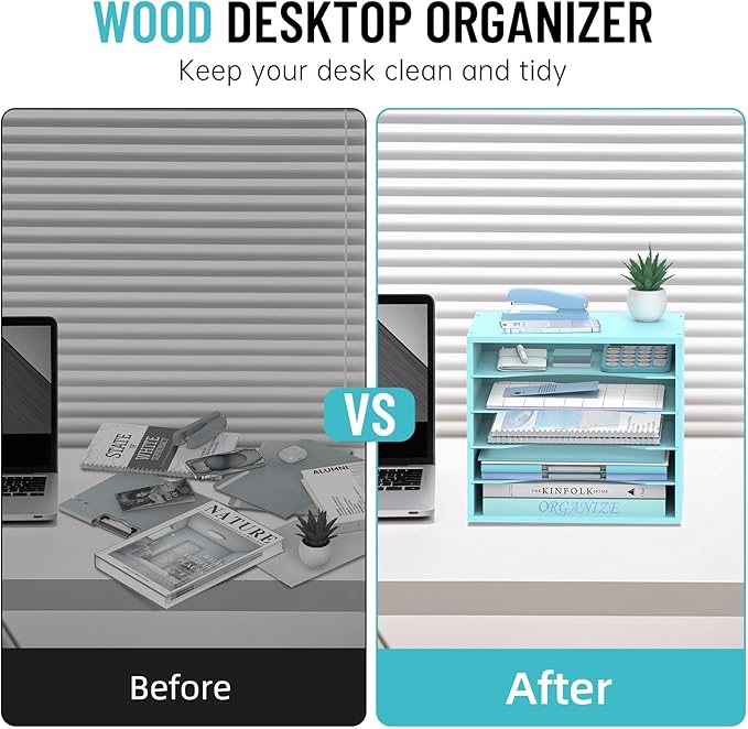 SHARKWOODS 5-Tier Wood Desk Organizer, Paper Tray Organizer for Desk with Adjustable Storage Shelves, Desktop File Organization Paper Sorter Mail Holder for Office Home Classroom, Blue