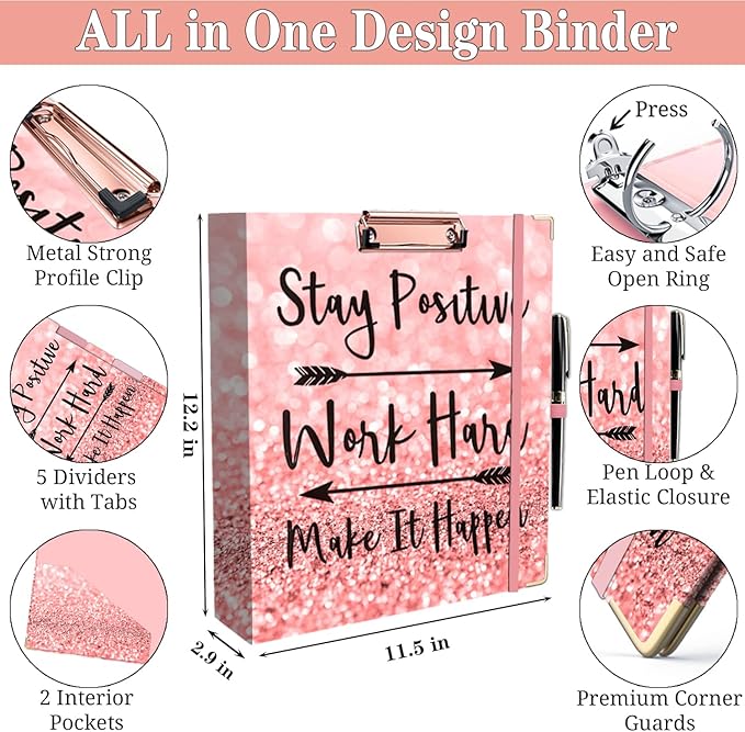 Lateefah 3 Ring Binder, 2 Inch Binder Organizer for Letter Size(8.5'' x 11'') with 5-Tab Dividers and Pockets, File Folders with Low Profile Clipboard for Office, School Supplies