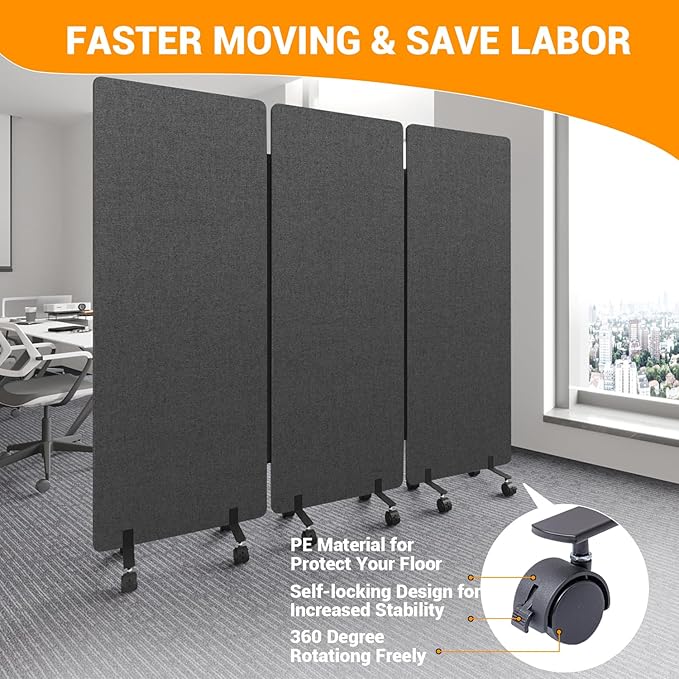 Soundproof Room Divider W/Wheels, 66in Office Dividers for Sound Proofing & Reducing, Sound Proof Dividers for Office Partitions Portable Acoustic Wall Divider (Dark Grey, 3 Panel+3 Panel)