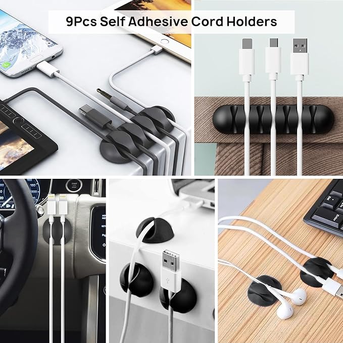 Ditar Cable Management Kit - 4 Cable Sleeve, 57 Self Adhesive Cable Clips, 12 Hanging Strips, 12 Cable Organizer Straps and 100 Fastening Cable Ties for TV Computer Under Desk (Black and White)