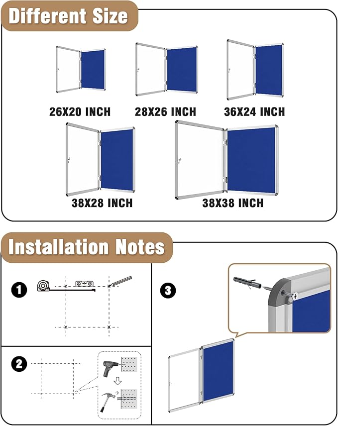 Mifuro 26"x20" Enclosed Bulletin Board, Lockable Weather-Resistant Aluminum Cork Noticeboard for School & Office, Silver Frame w/Blue Flet