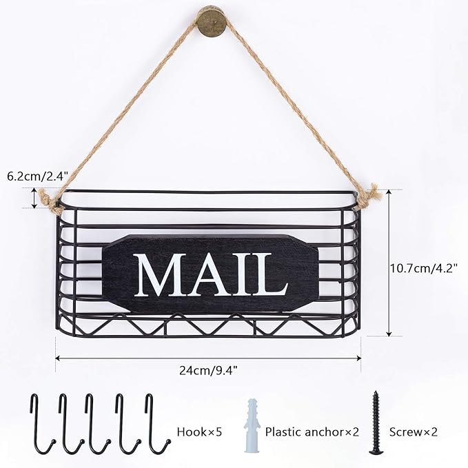 SRIWATANA Mail Key Holder for Wall, Mail Organizer Wall Mount, Small Size, Black