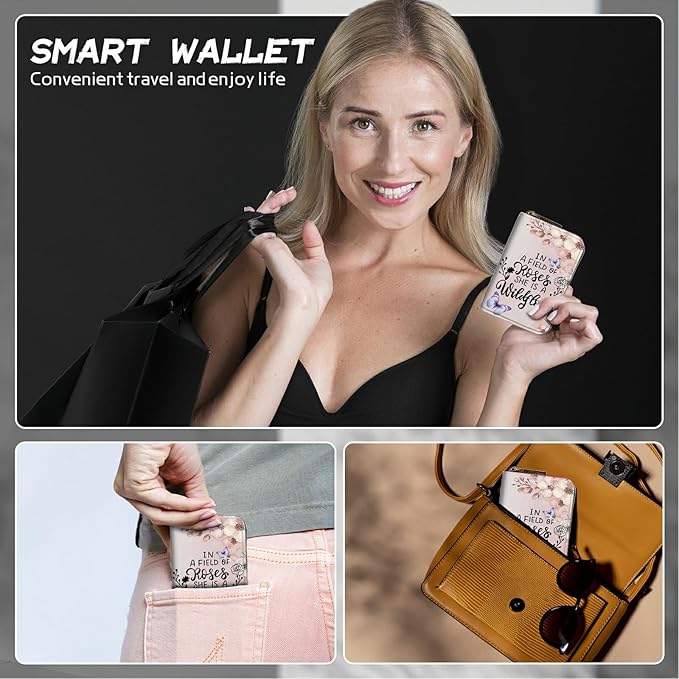 BWEGRHE Cute Credit Card Holder with Zipper, Sakura Butterfly RFID-Blocking Card Case Small Wallet for Women Men, Multi-slot Card Organizer Case Travel Accordion Wallet