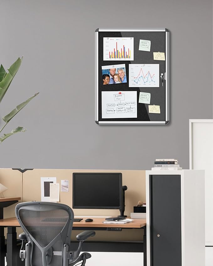 Mifuro 26"x20" Enclosed Bulletin Board, Lockable Weather-Resistant Aluminum Cork Noticeboard for School & Office, Silver Frame w/Black Flet