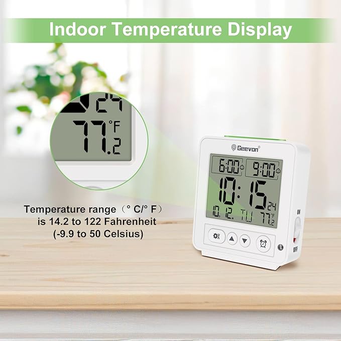 Geevon Atomic Travel Alarm Clock with Auto/8s Backlight, 2 Alarm Settings, Temperature Detect, Increasing Beep Sounds Digital Atomic Travel Clock Battery Operated for Bedroom, Bedside, White